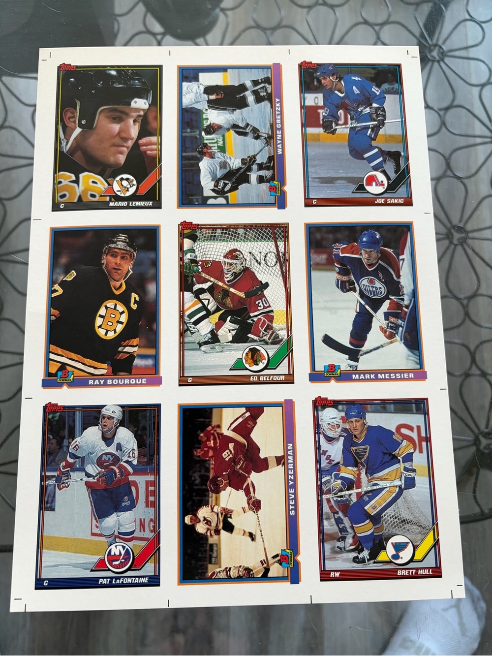 1991 NHL Topps Bowman Sample Promo Uncut Hockey Card Sheet Gretzky Lemieux Hull